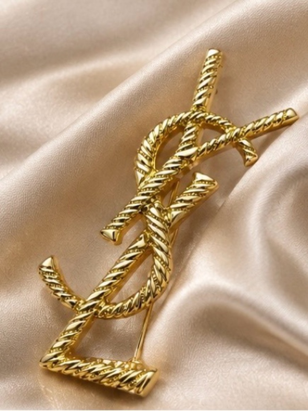 Gold Tone Textured Monogram Statement Brooch Pin